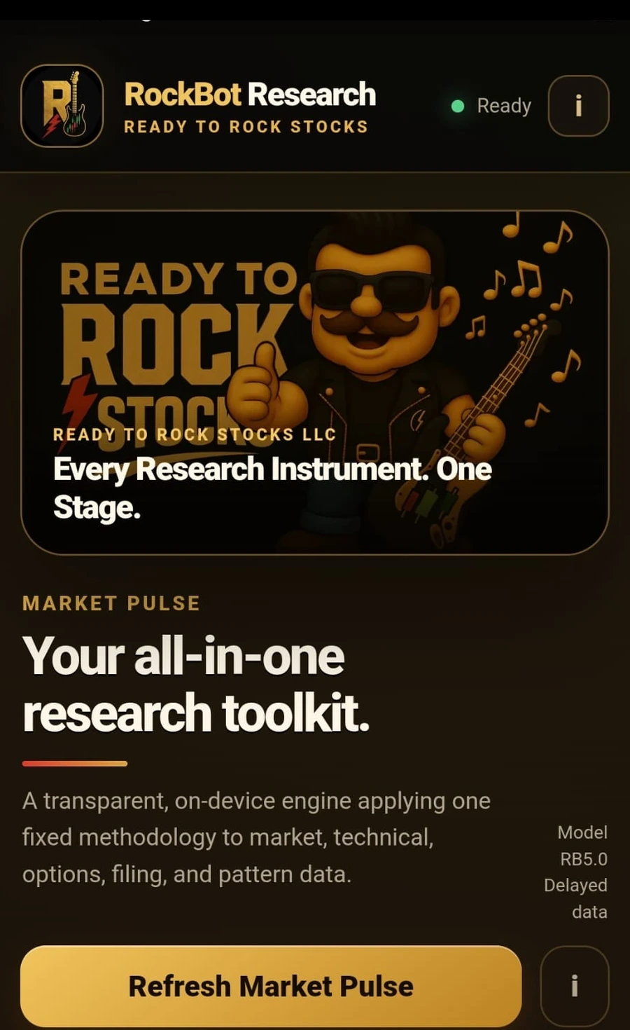 RockBot Research Market Pulse screen from the Android app