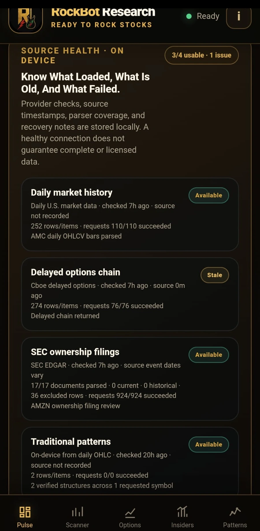 Source health and provider status screen